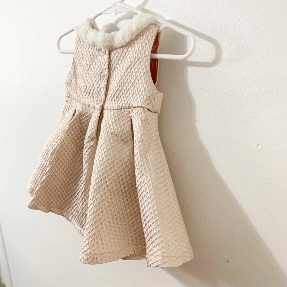 The Children’s Place Girls Blush Metallic Party Dress Faux Fur Collar 3-6 Months